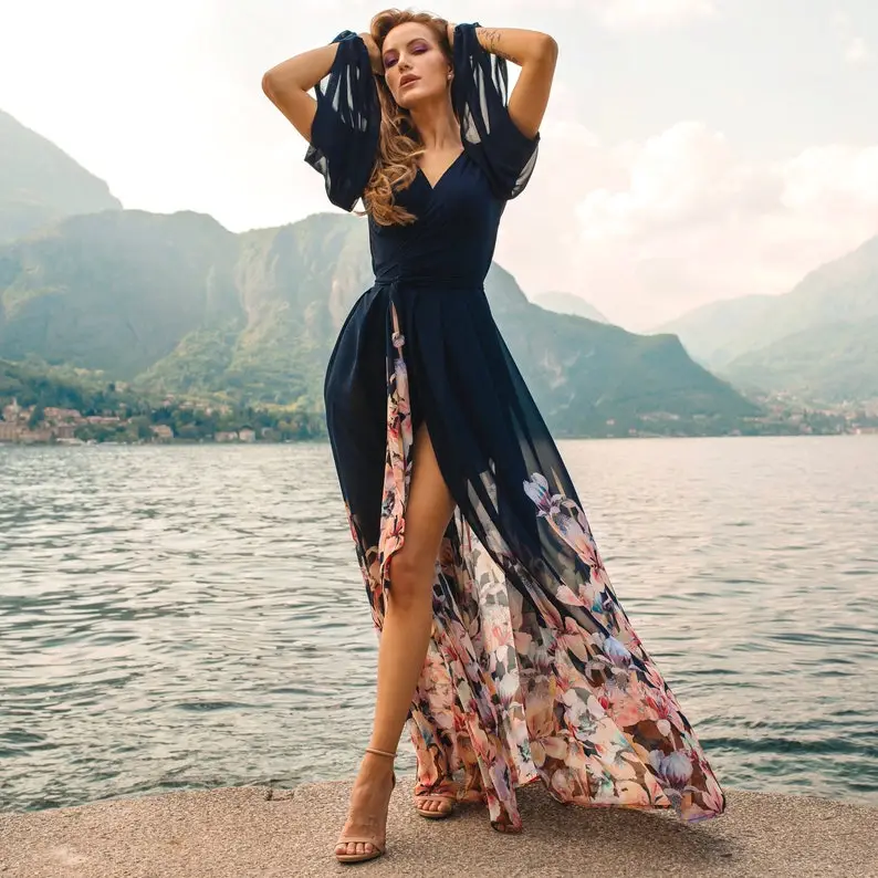 Floral Wrap-over Dress FLORENCE - Long Wedding Guest Dress - Blue Dress For Womne - Chiffon Bridesmaid Dress