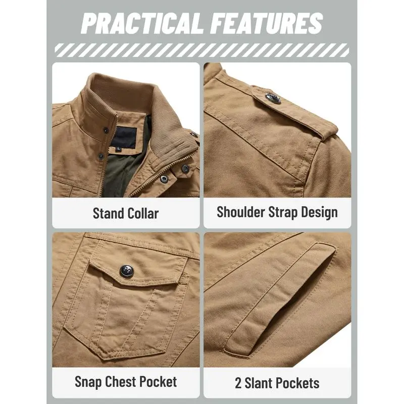 Men's Cotton Jacket Full Zip Lightweight Cargo Work Casual Jacket Outwear Coat Menswear Tops Underwear Human Long Sleeve Beige Plain