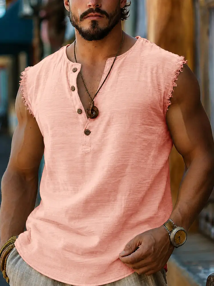 S Frayed Edge Henley Sleeveless Tank Top