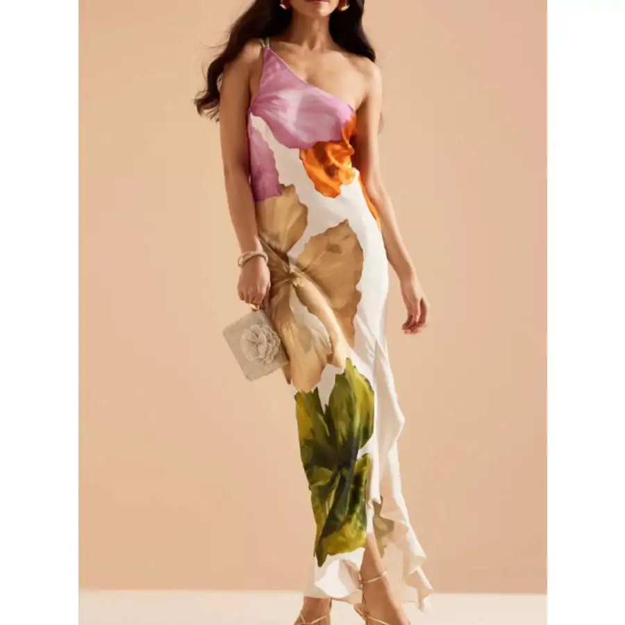 Floral Print Single Shoulder Maxi Dress
