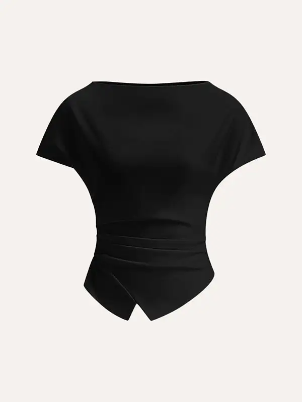 Relaxed Raglan Sleeve Asymmetric Pleat Detail Panel Detail Round Neck T-Shirt