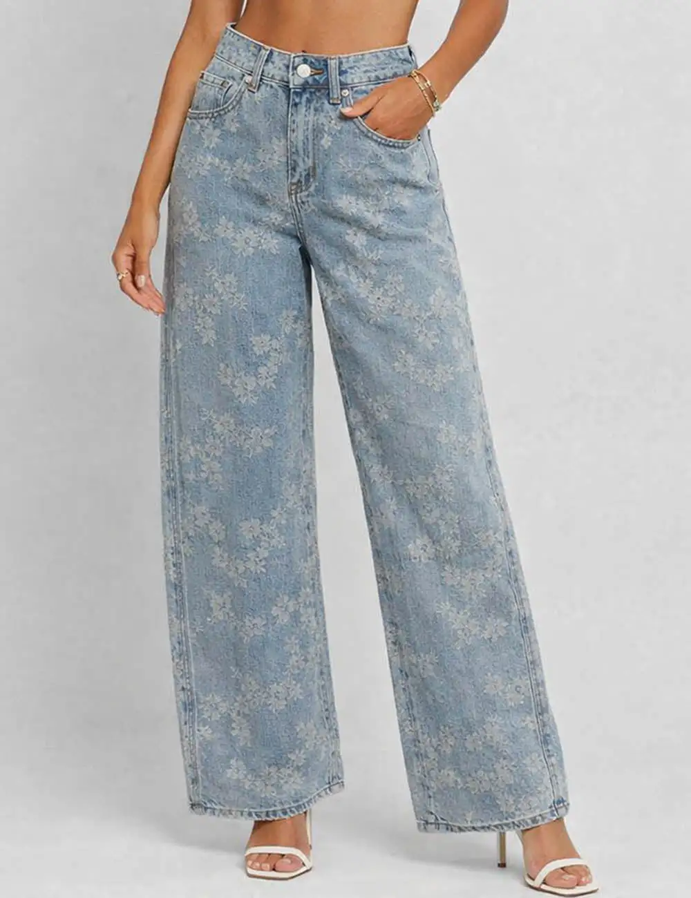 Floral Jacquard Button Pocket Wide Leg Denim Pants
