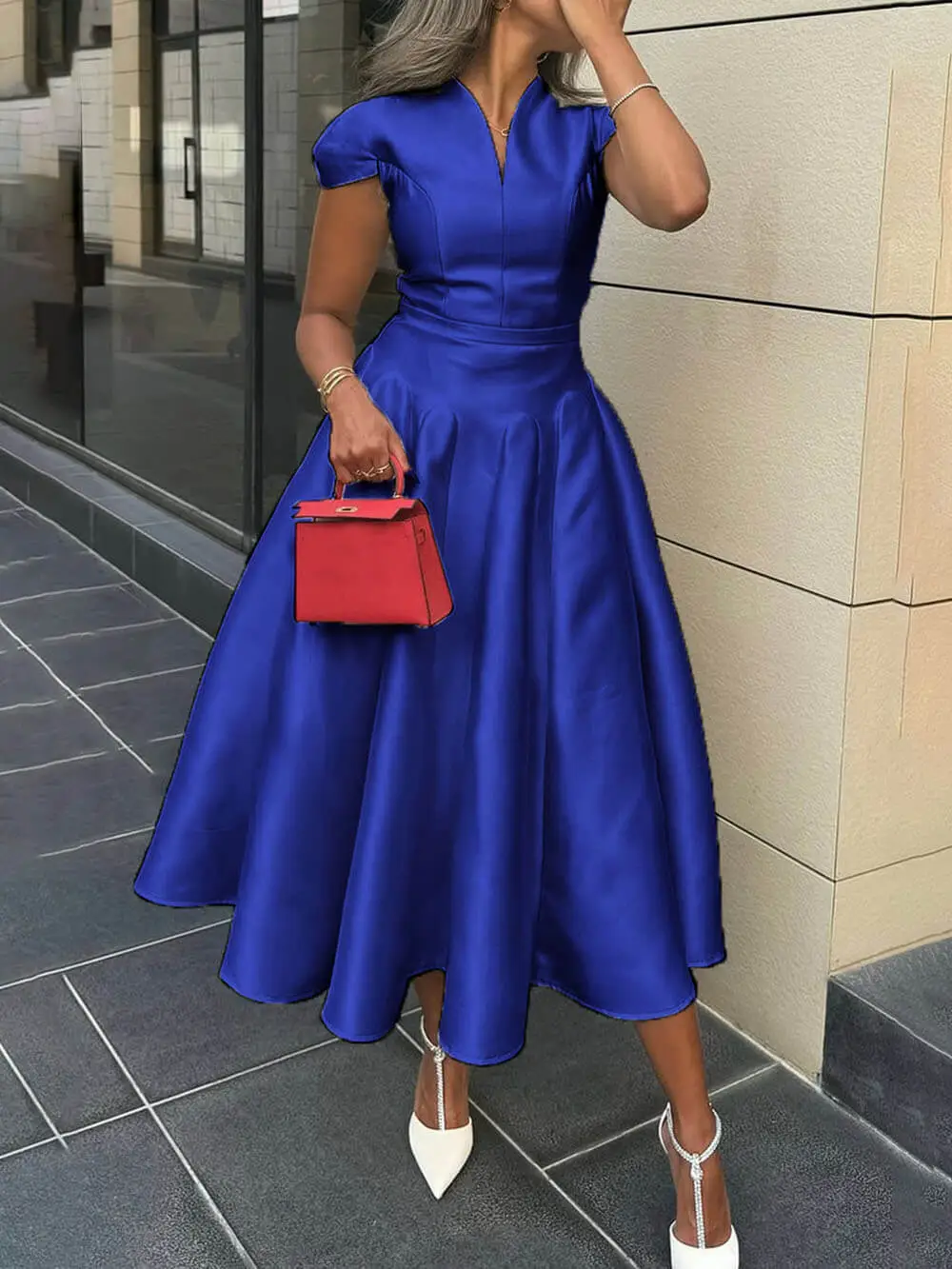 Elegant Pleated V Neck Waisted Flared Midi Dress