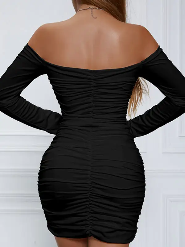 Bodycon Long Sleeve Elasticity Pleated Solid Color Off The Shoulder Mini
