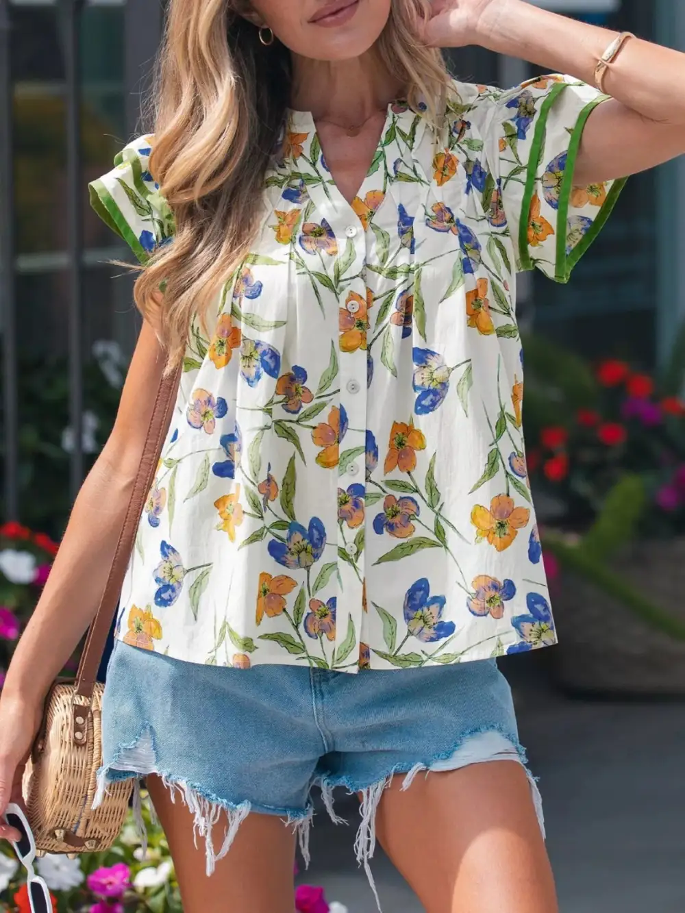 V-Neck Ruffled Floral Blouse