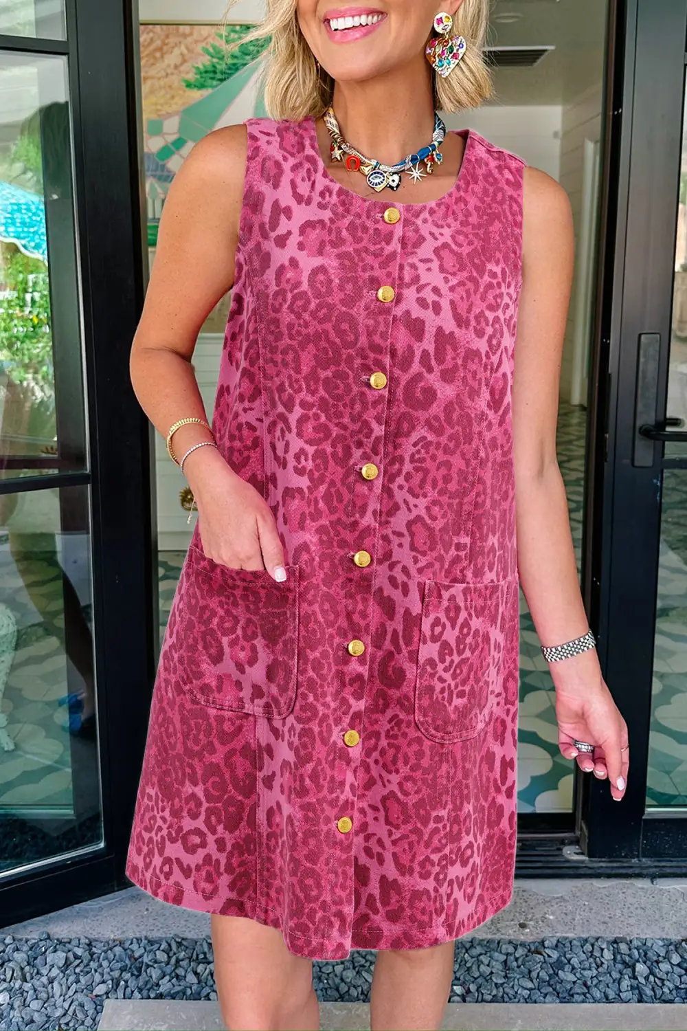 Animal Print Denim Button Front Dress Casual