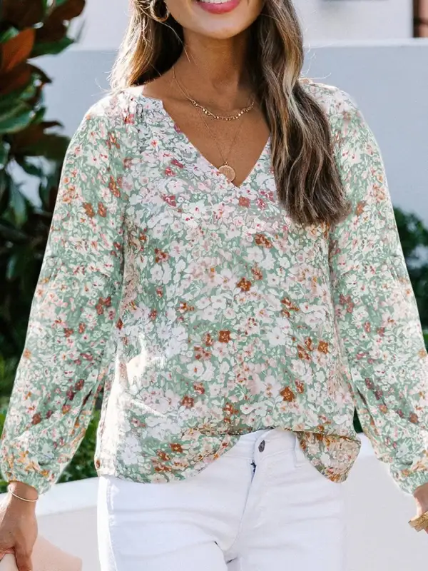 Floral Print V Neck Long Sleeve Blouse