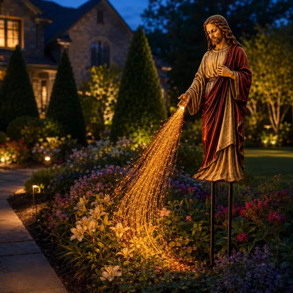 Solar Powered Jesus Light Statue - Flowing Fiber Optic Waterfall Garden Stake
