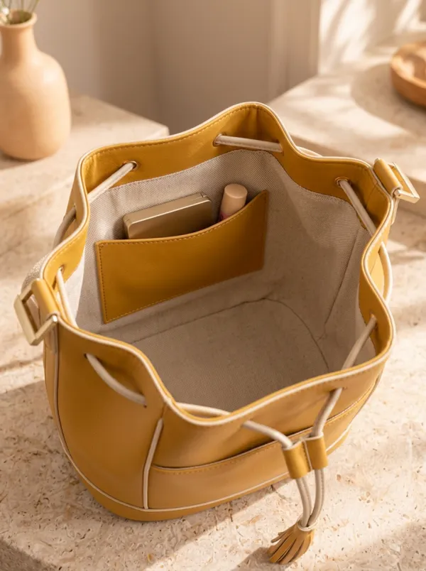 Mustard Yellow Drawstring Tassel Bucket Handbag