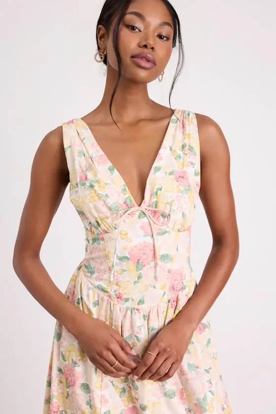 Lettie Ivory Multi Floral Poplin Plunge Neck Midi Dress