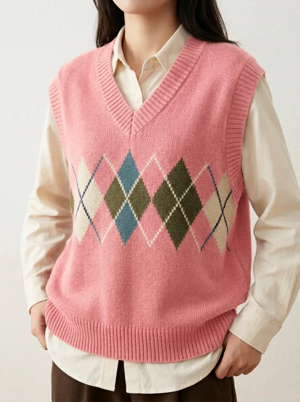 Preppy Argyle Button Sweater Vest