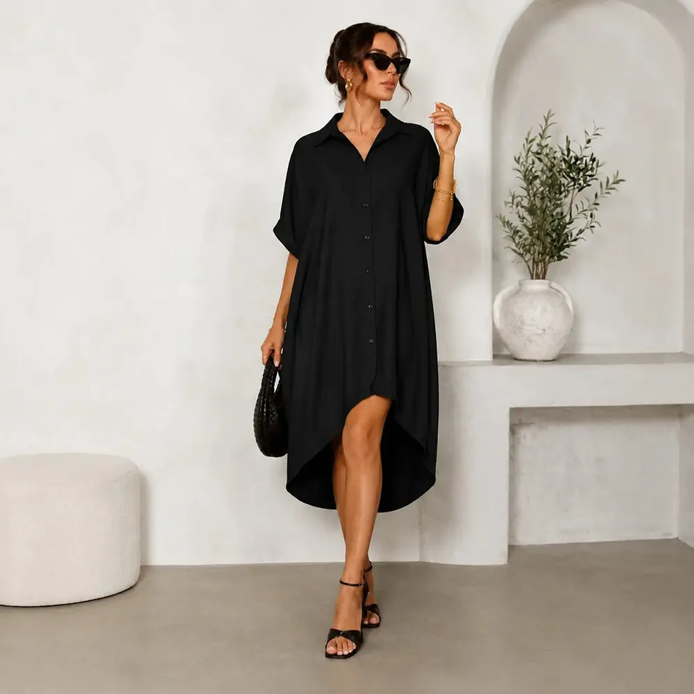 Women Turn-Down Collar Button Up Shirt Dress