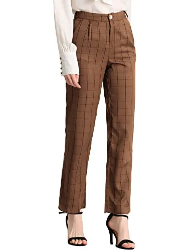 Women's Plaid Pants Elastic Waist Casual Work Office Long Trousers