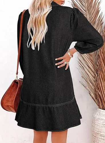 Women Fashion Fall Casual Babydoll 2025 V Neck 3/4 Puff Sleeve Jean Dresses