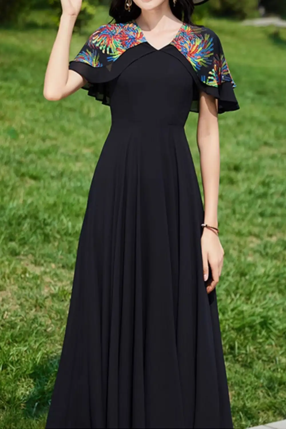 Printed Chiffon Swing V Neck Maxi Dress