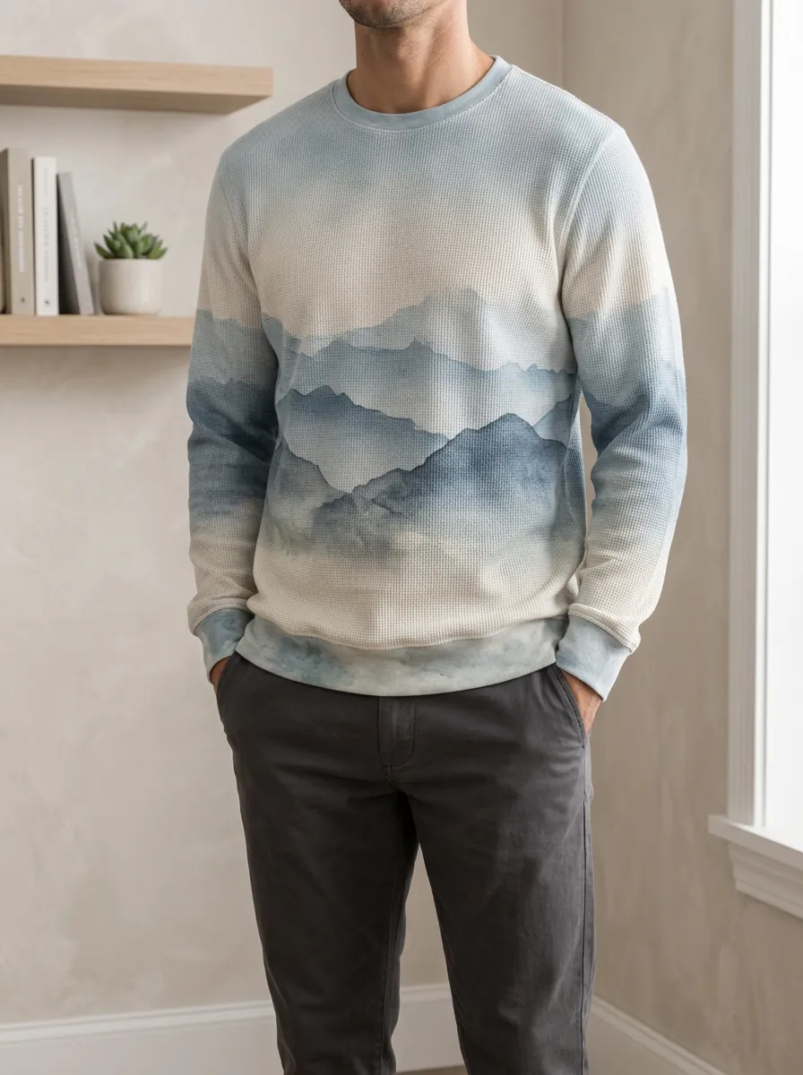 Men's Blue Mountain Landscape Watercolor Printed Waffle Knit Sweatshirt