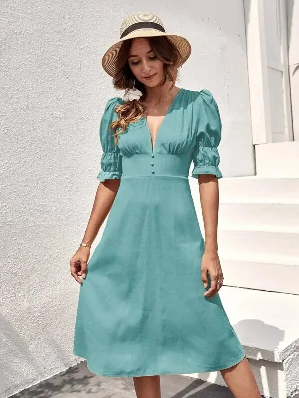 Women Ruffle Cuff Button Front Dress