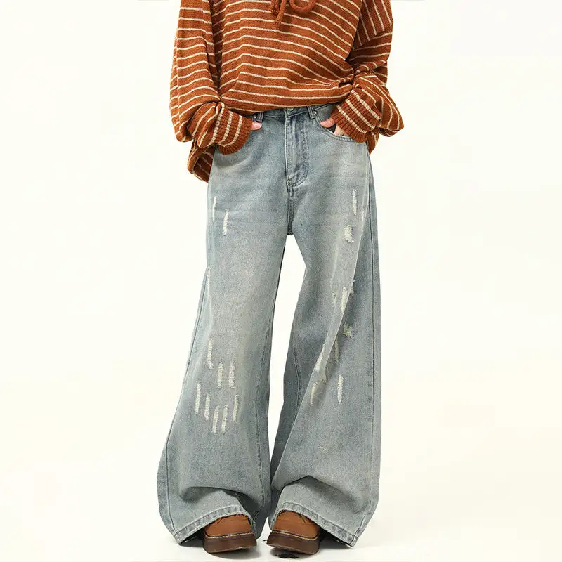 Distressed Wide Leg Floor Length Jeans