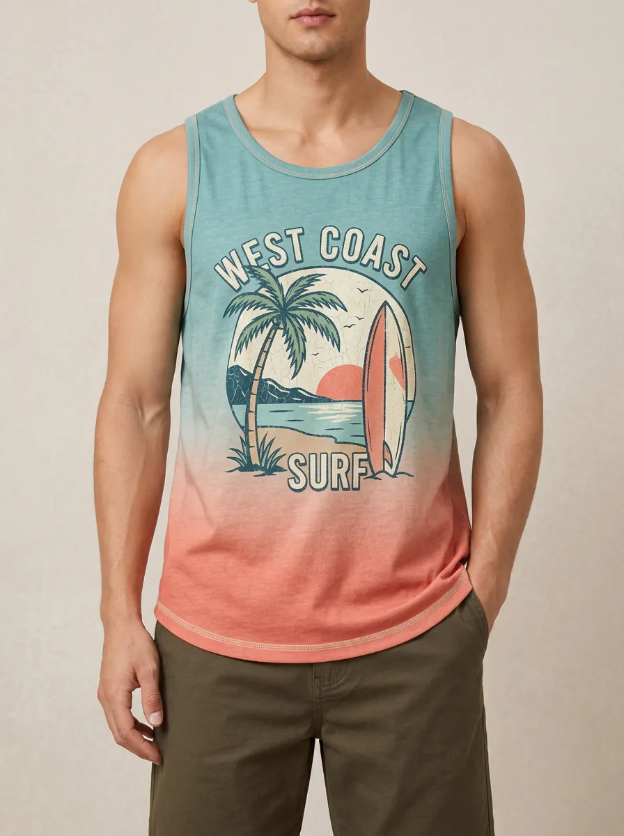 Men's West Coast Surf Palm Tree Sunset Printed Tank Top