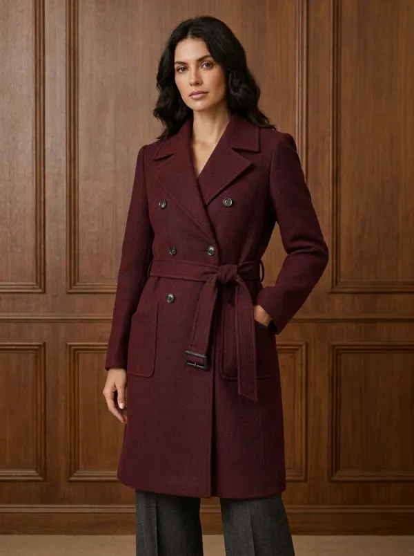 Women's Navy Blue Herringbone Double-Breasted Belted Trench Coat