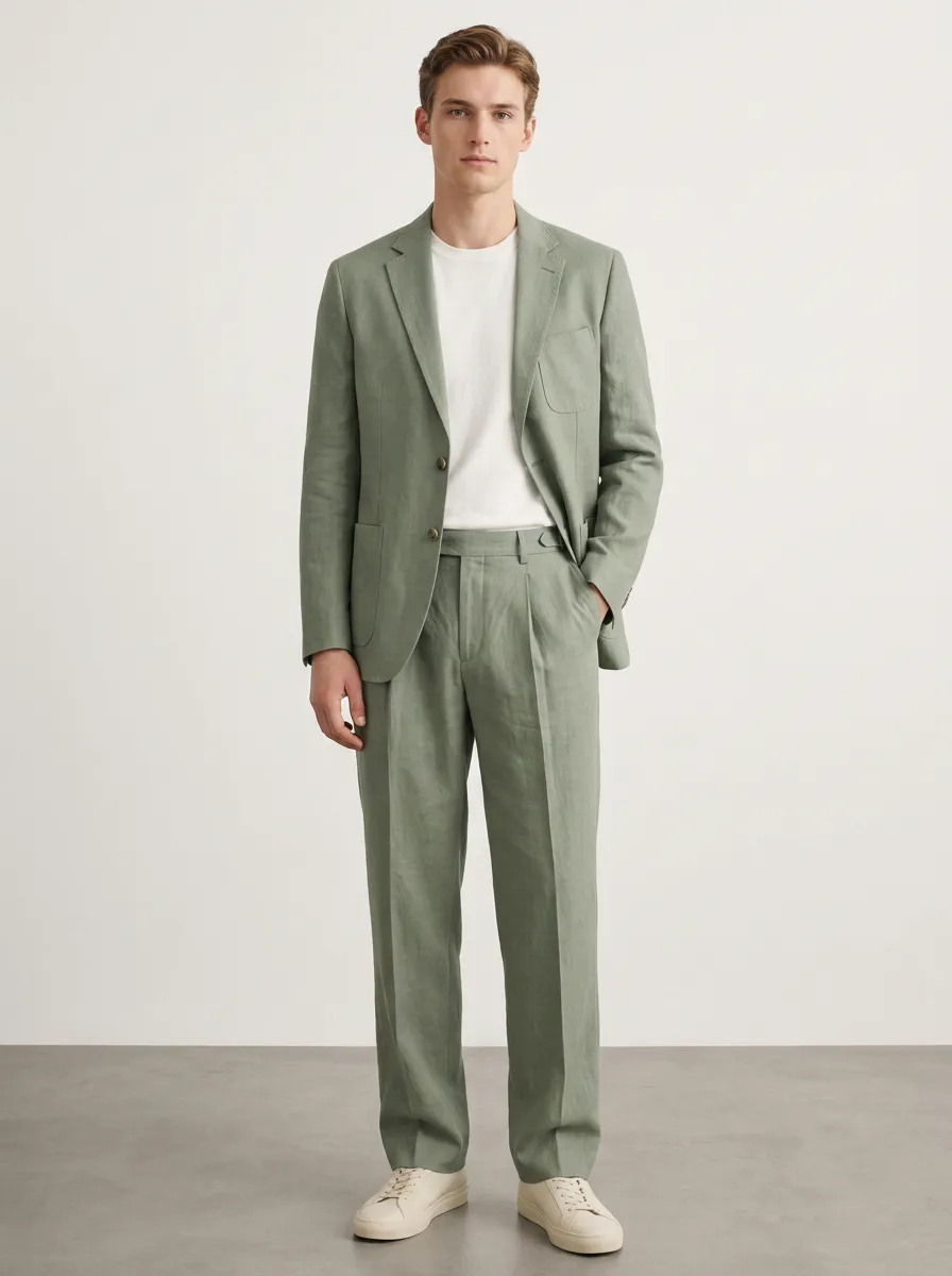 Men's Casual Sage Green Linen Blend Tailored Suit Set