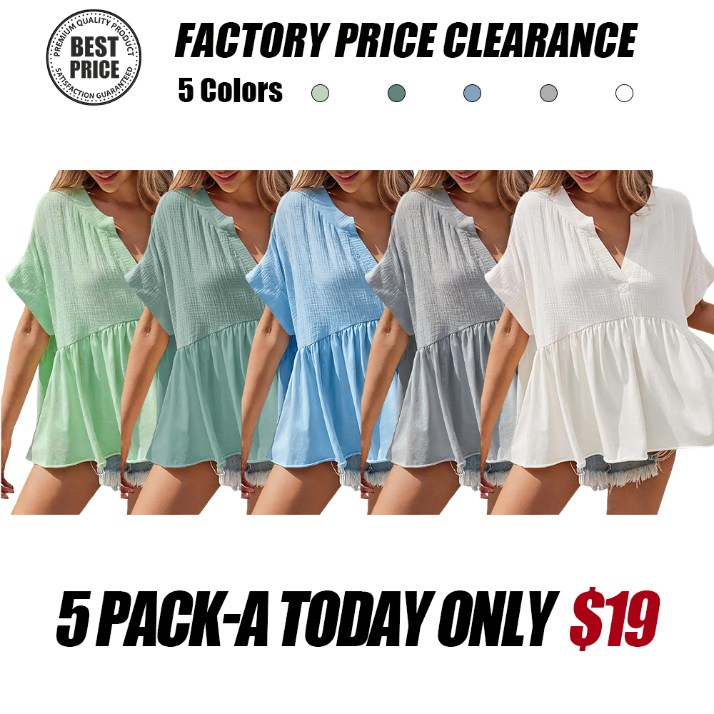 🔥 Women's Summer V-Neck Babydoll Tops | Short Sleeve Pleated Flowy Blouse