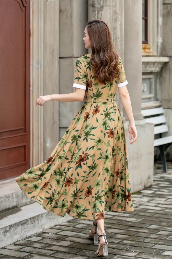 Floral Linen Cotton A Line Short Sleeve Midi Dress