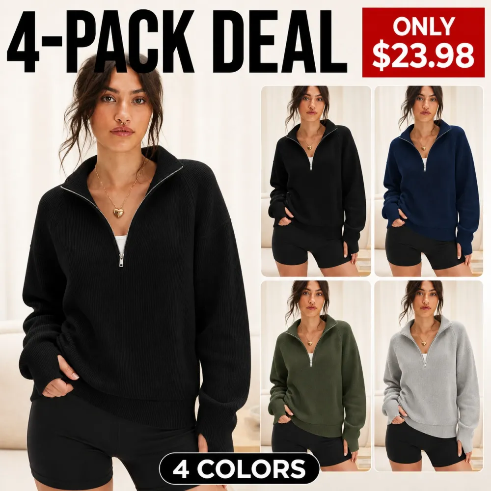 Women's Long Sleeve Quarter Zip Pullover Sweater Soft Warm Knit Tops