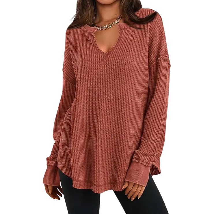 Women‘s Waffle Knit Long Sleeve Casual V Neck Shirts