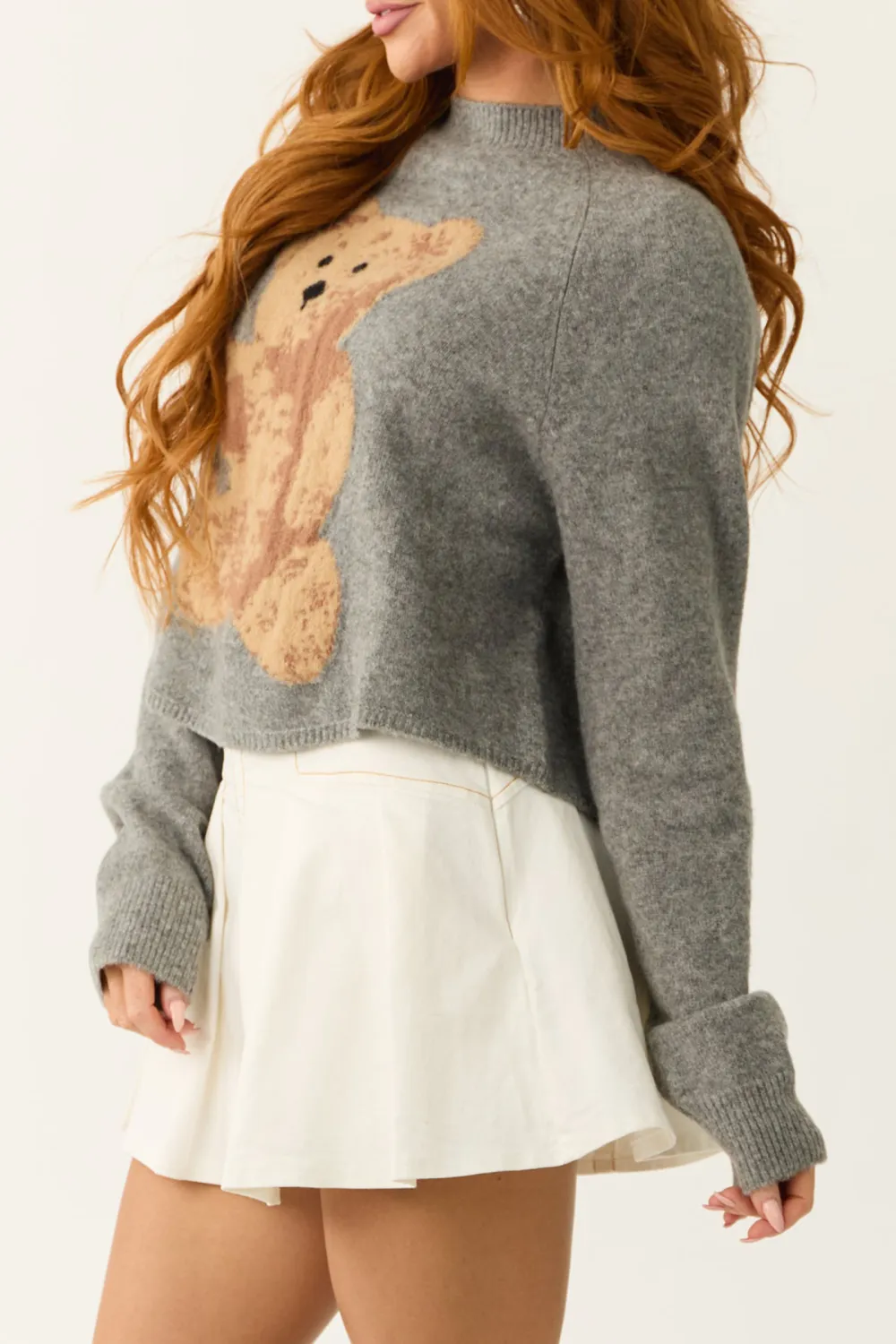 Steel Teddy Bear Graphic Semi Cropped Wool Sweater