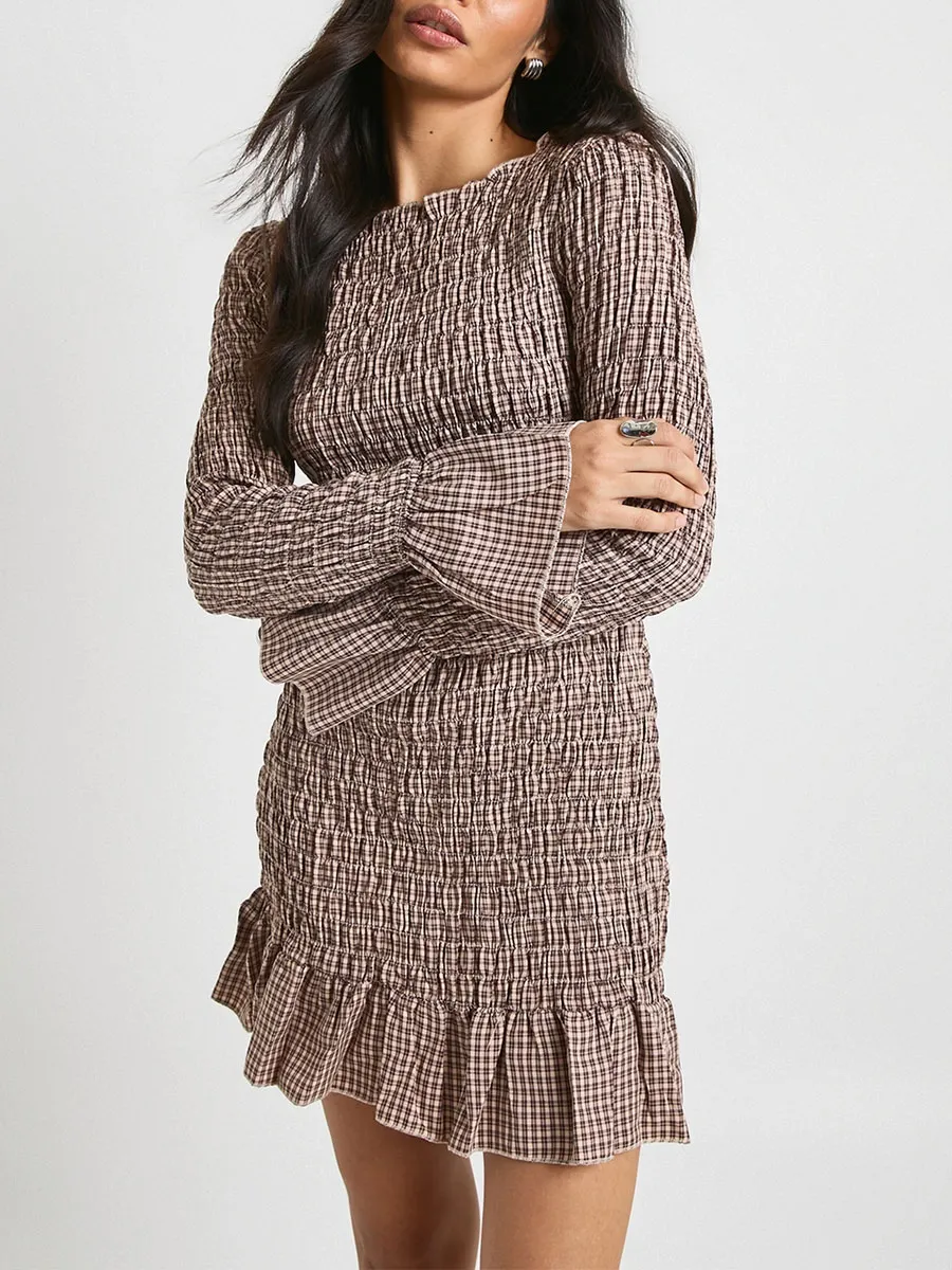 Women's Brown Plaid Ruched Ruffle Dress