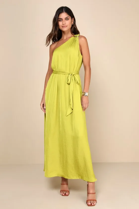 Goddess Aura Light Green Floral Satin One-Shoulder Maxi Dress