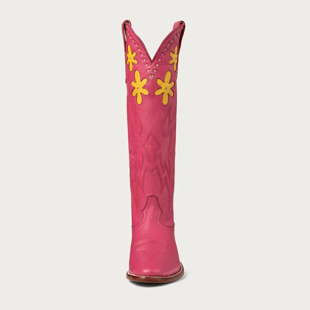 Faux-Leather Embroidered Floral Round-Toe Knee-High Boots