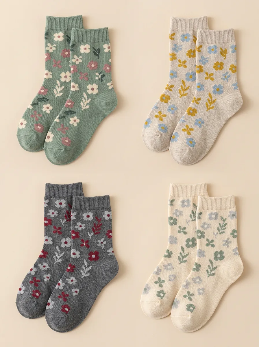 Women's Floral Leaf Jacquard Mid Calf Crew Socks Four Pair Set