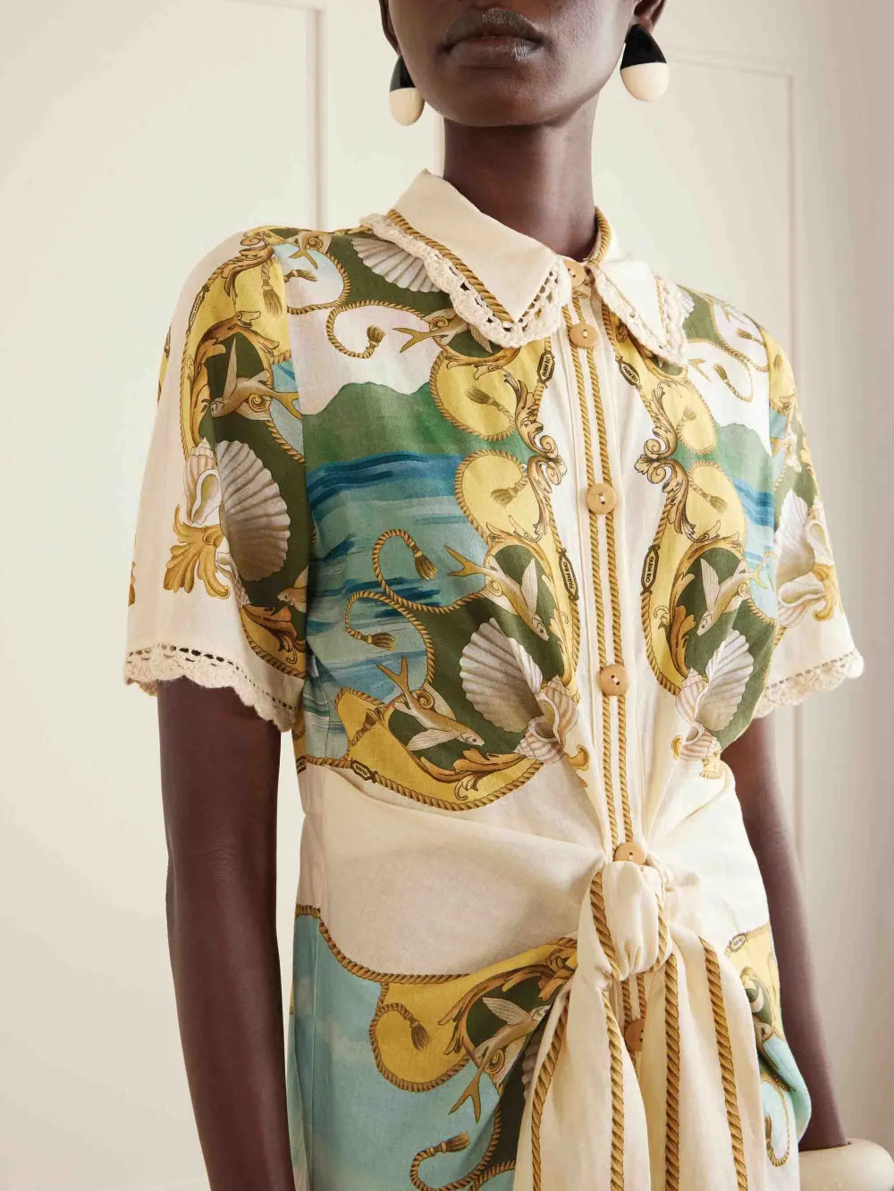 Palm And Shell Print Button Front Midi Dress