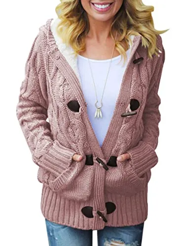 Women Hooded Knit Cardigans Button Cable Sweater Coat