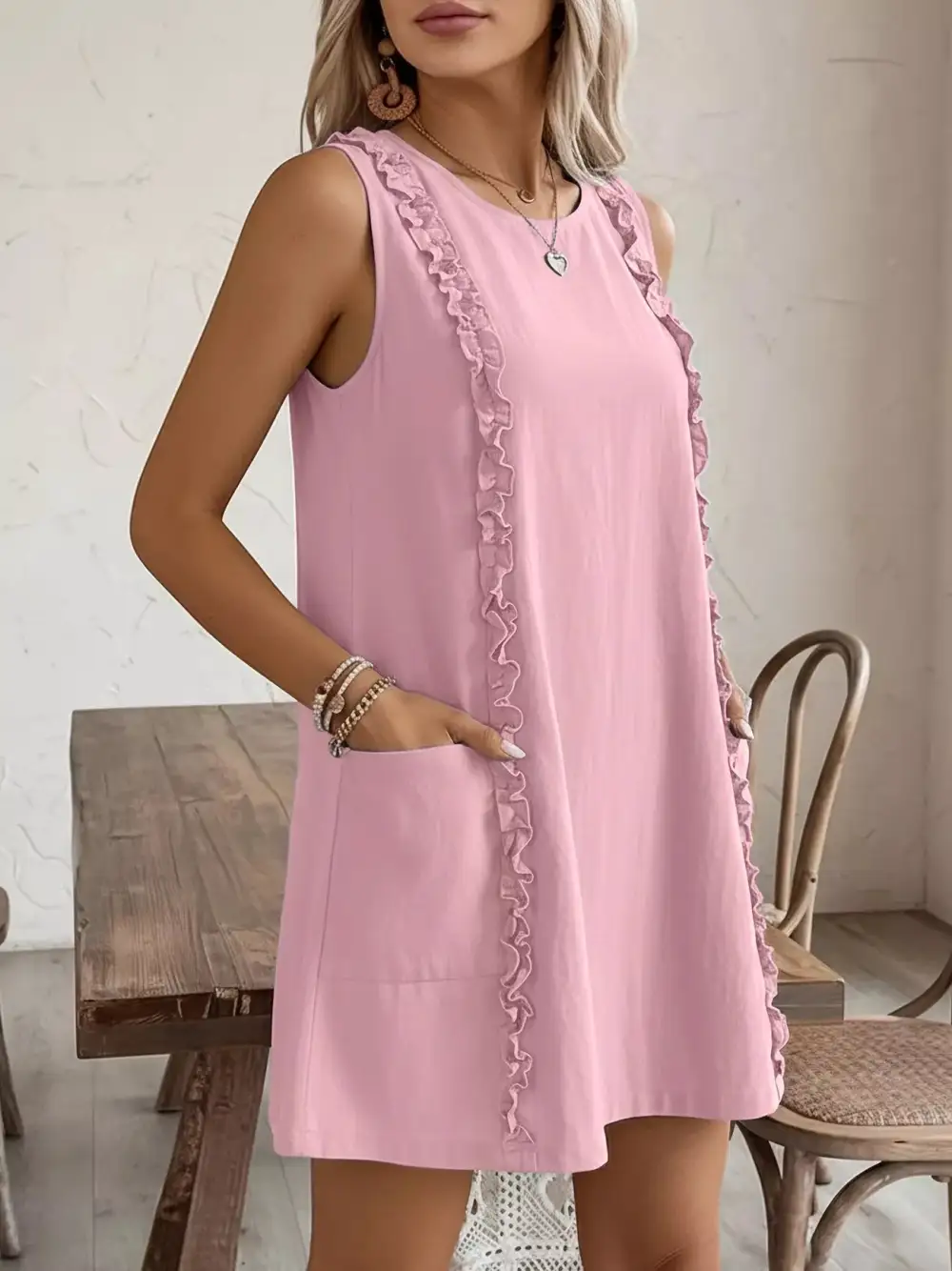 Round Neck Ruffle Sleeveless Dress Casual