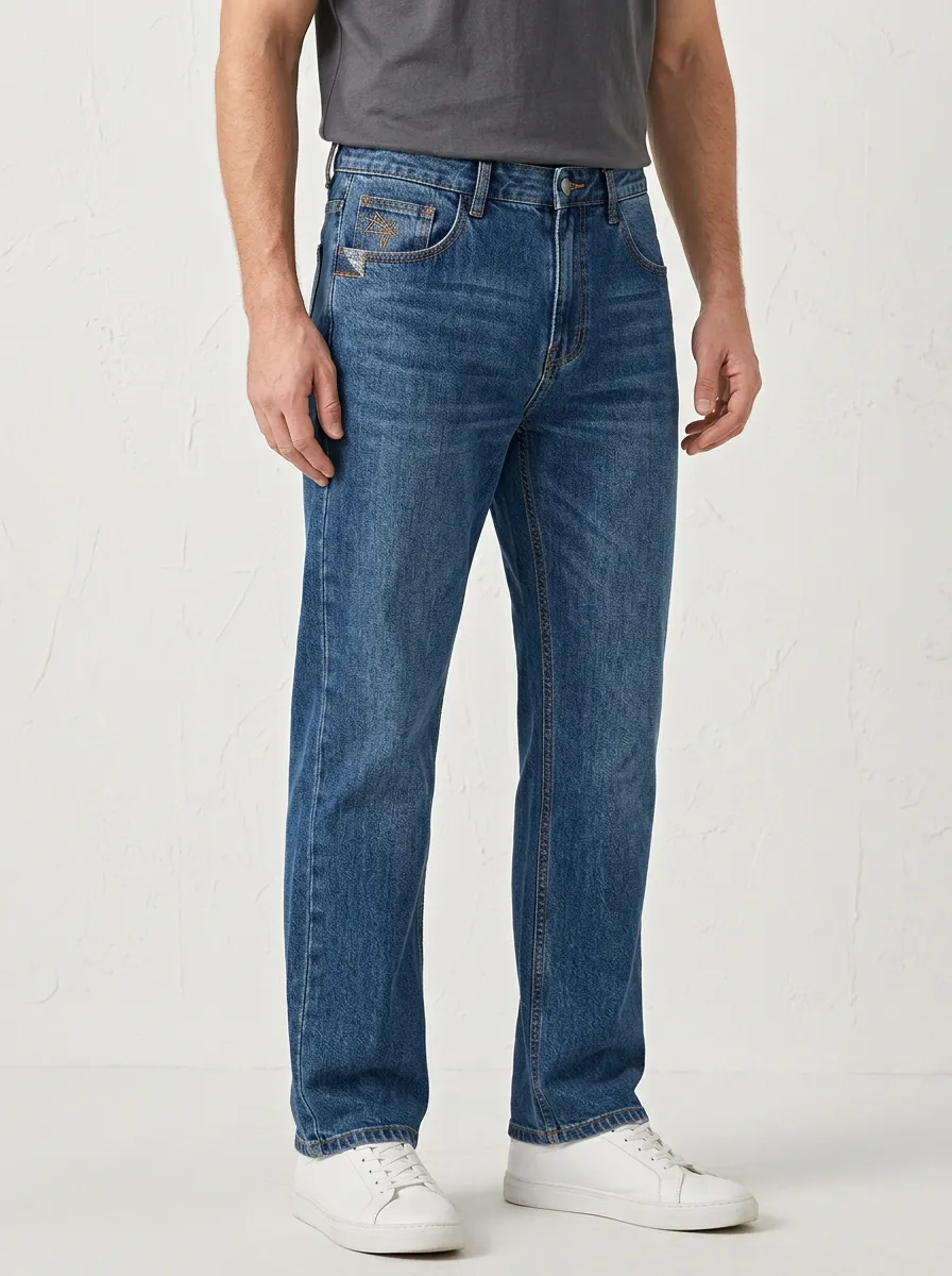 Straight Leg Embroidered Detail Star Graphic Men's Loose Fit Jeans