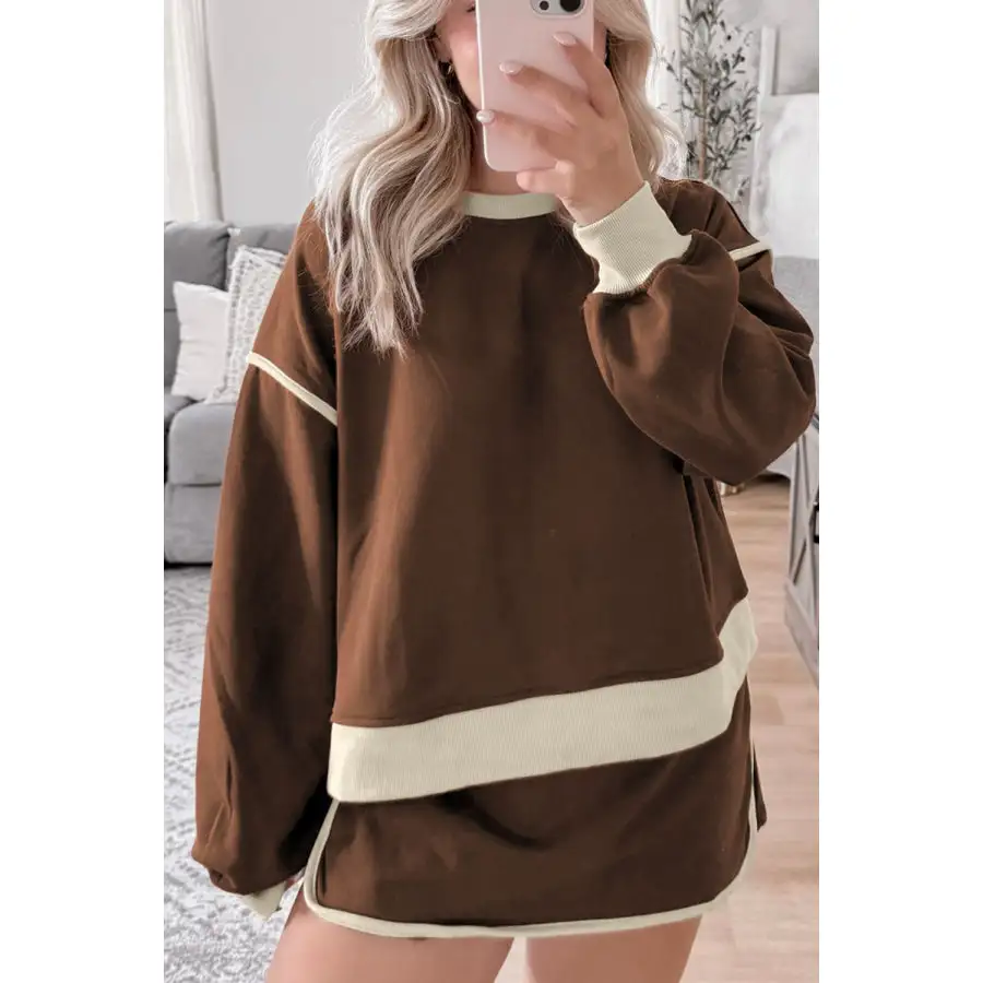 Contrast Trim Round Neck Top and Skort Set