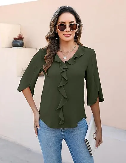 7PACK-Casual Blouses 3/4 Sleeve V Neck Ruffle Tops
