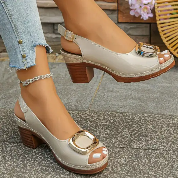 Textured Peep Toe Block Heels Sandals