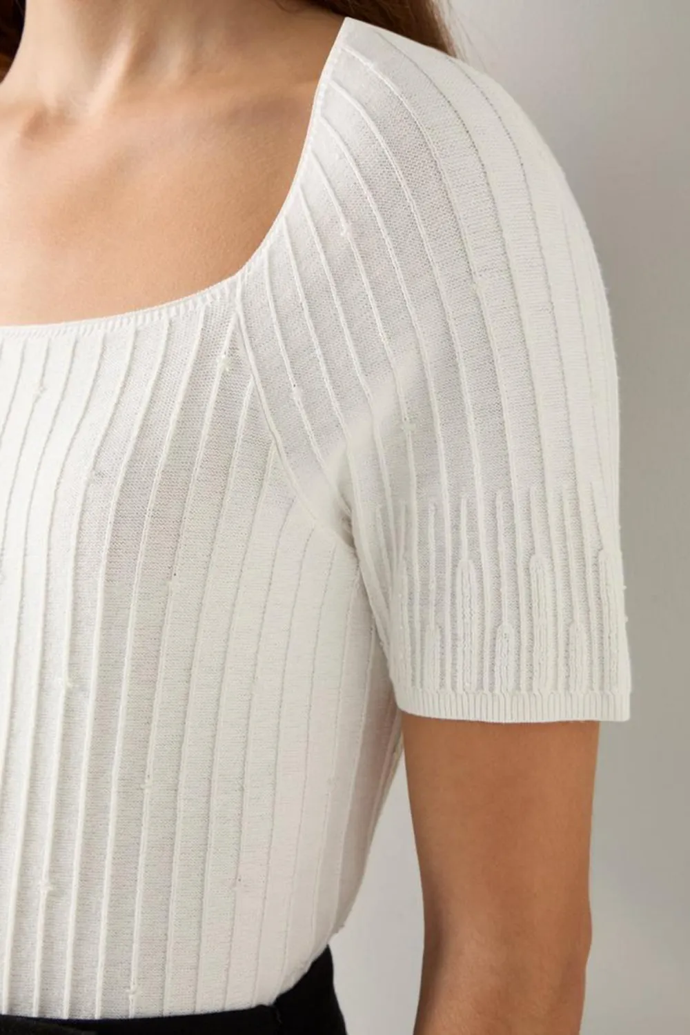 White Ribbed Square Neck Short Sleeve Knit