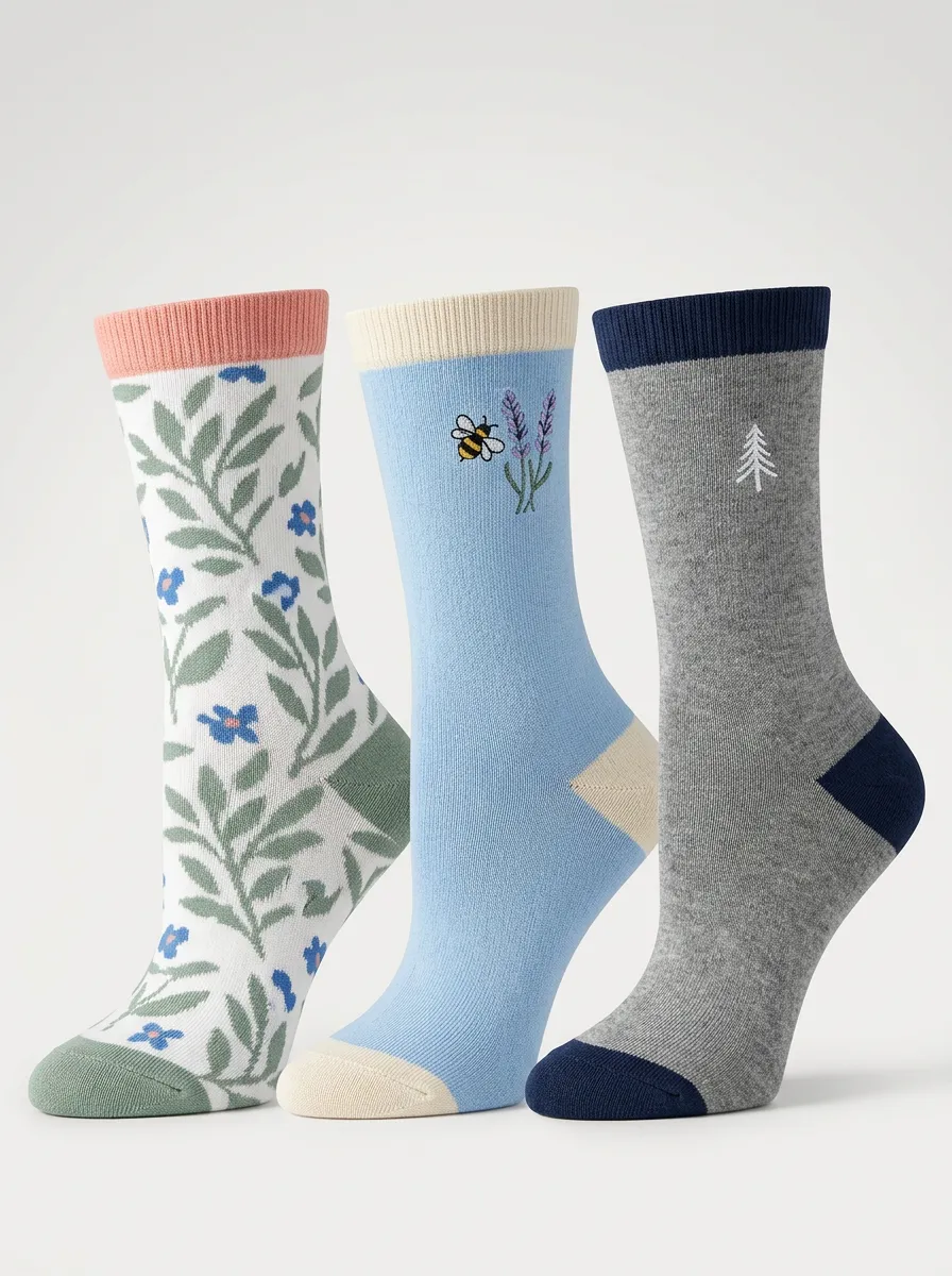 Women's Floral Bee Pine-Tree Nature Three-Pair Embroidered Crew Socks