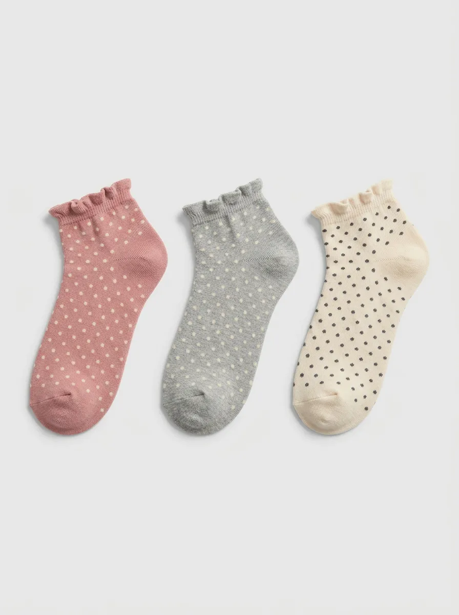 Women's Multicolor Polka Dot Ruffle-Trim Rose Ankle Socks 3-Pack