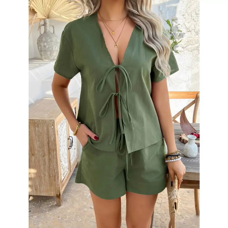 Tied V Neck Short Sleeve Top and Shorts Set