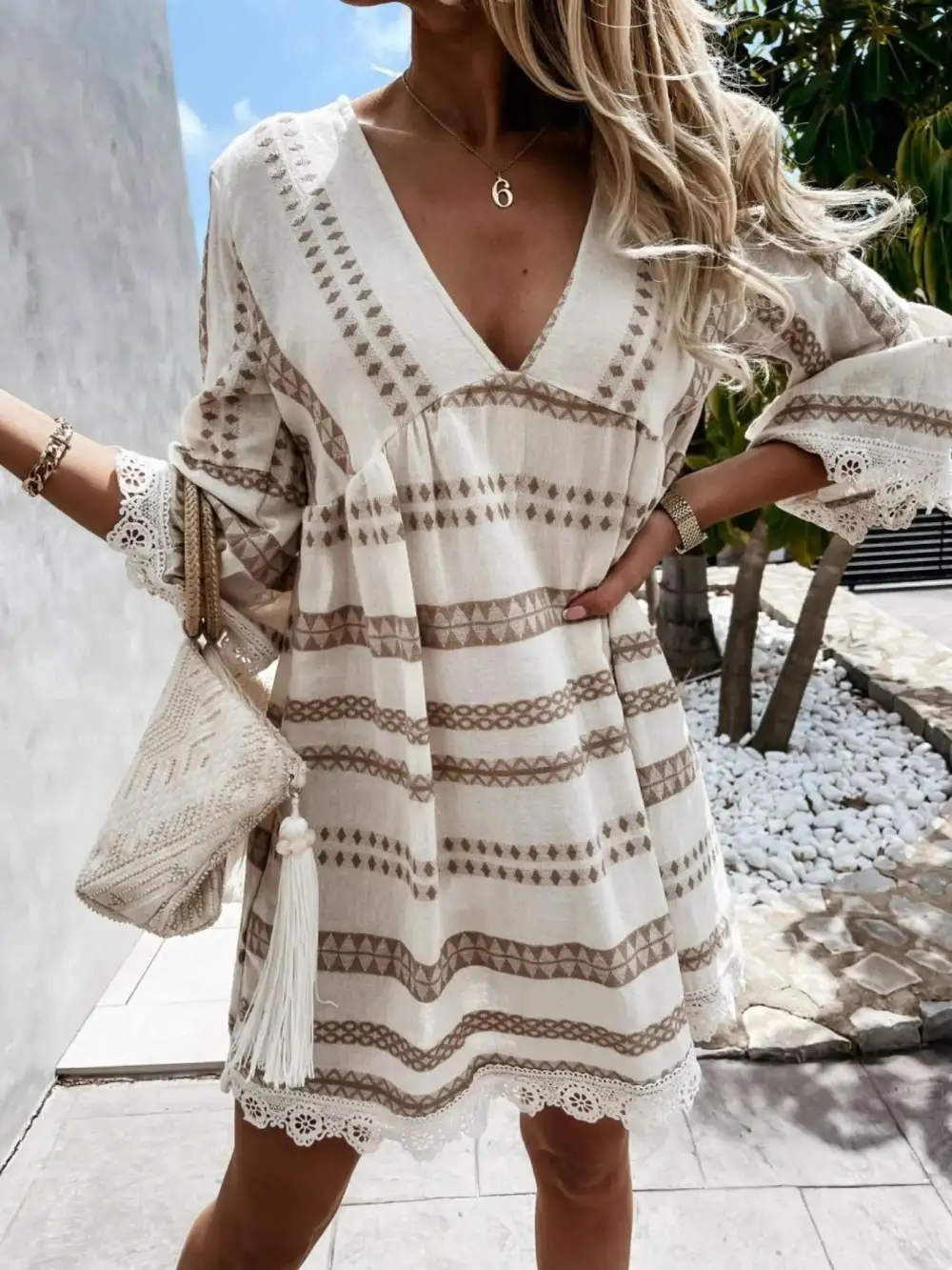 V-Neck Lace Trim Striped Midi Dress