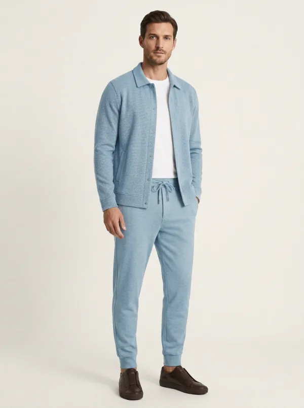 Men's Textured Textured Minimal Polo Collar Jacket and Jogger Pants Set