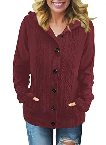 Women Hooded Knit Cardigans Button Cable Sweater Coat