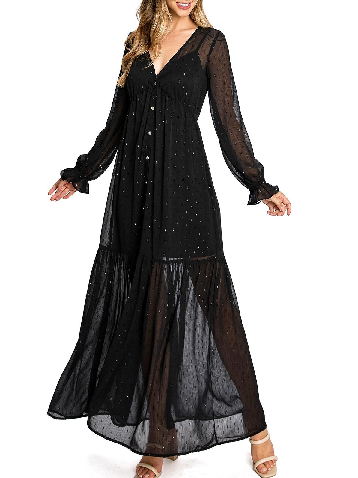 Black Chiffon - Sleeve Button - Front Maxi Dress