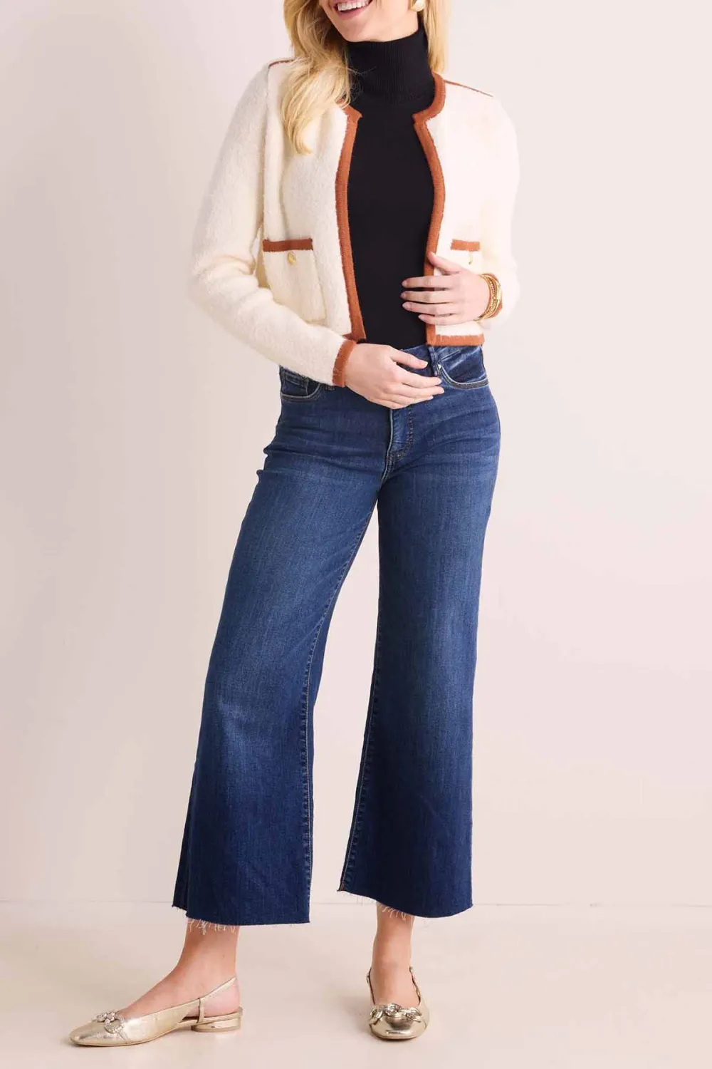 Cream Contrast Trim Cropped Cardigan